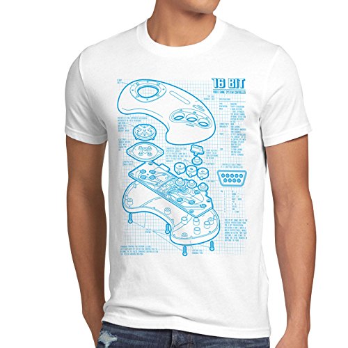 style3 Mega 16-bit Controlador Fotocalco Azul Camiseta para Hombre T-Shirt videoconsola Sonic, Talla:M, Color:Blanco