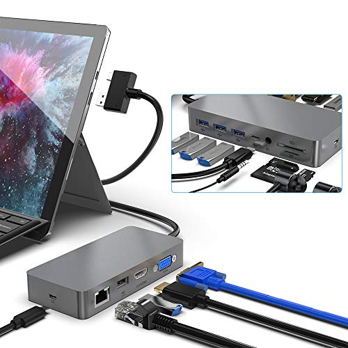 Surface Pro Dock para Surface Pro 4/5/6, Docking Station Dual Monitor con 4K puertos HDMI/2K VGA, RJ-45 Gigabit Ethernet, 3 puertos USB3.0/USB C, interfaz de audio, lector de tarjetas SD/TF, micro USB