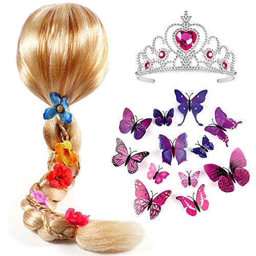 Tacobear Princesa Rapunzel Peluca Trenza con Princesa Corona y Mariposa Broche Princesa Rapunzel Sofia Disfraz Accesorios para niñas