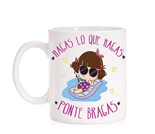 Taza Hagas lo que hagas ponte bragas. Taza divertida para regalo con caja decorativa divertida.