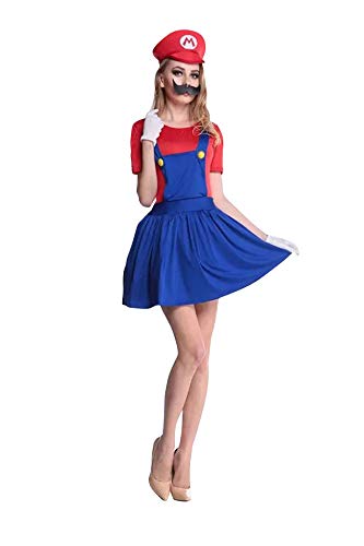 thematys Super Mario Luigi Gorra + Vestido + Barba + Guantes - Conjunto de Vestuario para Mujer Carnaval y Cosplay (L, Talla 165-170cm)