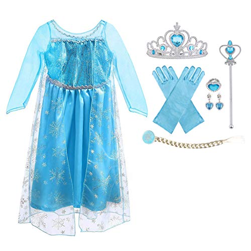 URAQT Vestido de Elsa, Disfraz de Elsa con Accesorios de Cosplay, Vestido de Princesa para Niñas con Capa de Copos de Nieve Brillantes, para Halloween, Cumpleaños, Carnaval y Fiesta