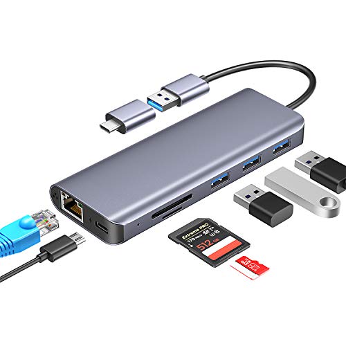 USB 3.0 HUB Aluminum con USB C Adaptador Type C Dock,RJ45 Gigabit Ethernet,3 USB 3.0 Puerto,Lector de Tarjetas SD/TF, Micro USB Input Compatible con Chromebook,Macbook Air/Pro 2018/2019