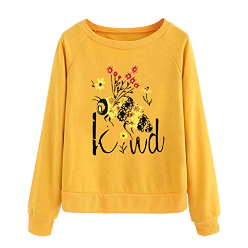 VEMOW Pullover Mujer Casual Camisetas Abeja Carta ImpresióN Manga Larga Suelto Camisa De Entrenamiento SuéTer Blusa Tops Camisa OtoñO Invierno(Amarillo,M)