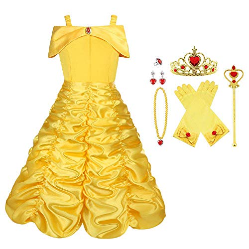 Vicloon Disfraz de Princesa Belle Vestido y Accesorios para Niñas, Corona Anillo Sceptre Collar Pendientes Guantes, para Fiesta Cosplay,Navidad,Fiesta de cumpleaños,Halloween