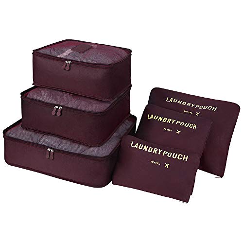 Vicloon Organizador de Equipaje, 6 en 1 Set de Organizadores de Viajes, Impermeable Organizador de Maleta Bolsa Incluir 3 * Cubos del Embalaje del Recorrido y 3 * Bolsos de la Compresión (Rojo Vino)