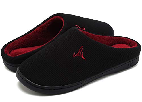 VIFUUR Hombre Zapatillas de casa Espuma de Memoria de Alta Densidad Cálido Interior Lana al Aire Libre Forro de Felpa Suela Antideslizante Zapatos Negro/Rojo 42/43