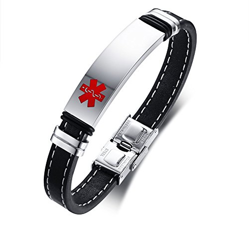 VNOX Pulsera Personalizada del Brazalete del Cuero Genuino Identificación Médica Alerta Acero Inoxidable,Grabado Libre