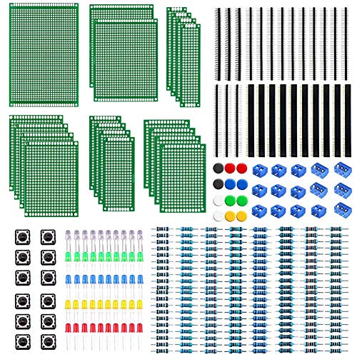 WayinTop Doble Cara Junta de PCB Prototipo con Kit de Componentes de Electrónica, 2.54mm Conector + 2/3Pin PCB Bloque de Terminal de Tornillo + Resistor + 5mm Led Diodos + Táctil Botón Interruptor