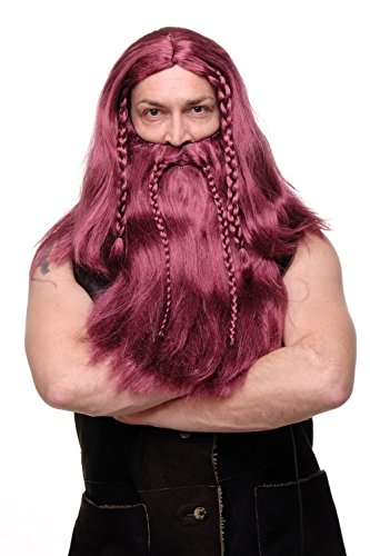 WIG ME UP- RJ033-P67 Peluca Larga Barba Trenzada para Hombres Carnaval Vikingo bárbaro gnomo pelirojo-Oscuro