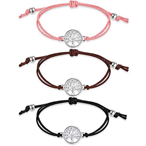 WILLBOND 3 Piezas Pulseras de Árboles Pulsera Ajustable Regalo de Banda de Textil Negro para Amistad, Gracias, Deseo (Negro, Marrón, Rosa)