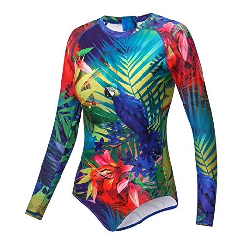 YJIUAS Nuevo Traje de baño de Mujer de Manga Larga una Pieza de baño UPF50 + Impresión Floral del Flamenco Parrot L(US 10)