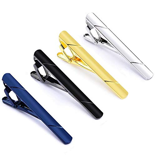 Yongbest Pasador de Corbata,4 Piezas Clips de Corbata Clásicos para Clips de Negocios de Boda Clip de Corbata Estrecho Oro Negro Plata Azul