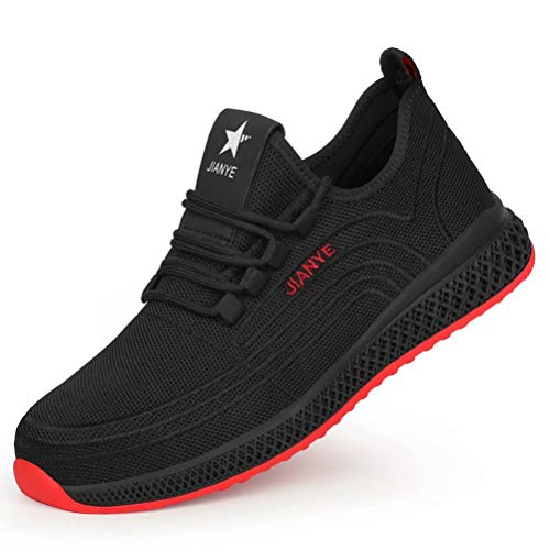 Zapatos de Trabajo Mujer Hombre Zapatillas de Seguridad Ligeras S3 Transpirable con Punta de Acero Anti-aplastante Negro Rojo 39