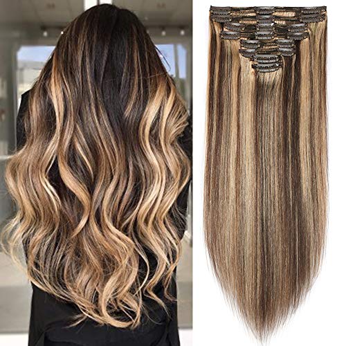 16"(40cm) Extensiones de Clip de Pelo Natural Double Weft(Muy Gruesas) #4/27 Castaño Medio/Rubio Oscuro Cabello Humano 100% Remy 8 Piezas 18 Clips Lisas Largas Postizos Pelucas (130g)