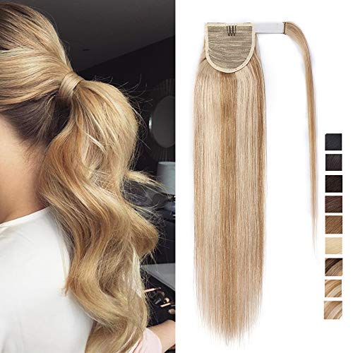 18"(45cm) Coleta Postiza Larga Pelo Natural Clip #18/613 Rubio Ceniza/Blanqueador Rubio Extensiones de Cabello Humano 100% Remy Lisa Wrap Around Ponytail Extension (90g)