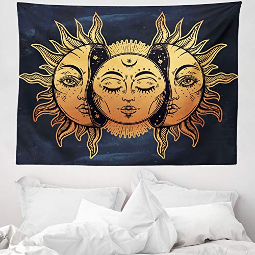 ABAKUHAUS Psicodélico Tapiz de Pared y Cubrecama Suave, Luna y Sol con Caras Fractales Energía Celestial Arte Místico, Decoración para el Cuarto, 150 x 110 cm, Azul Oscuro