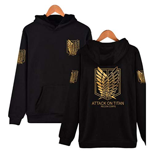 AMOMA Unisex Hombres Mujeres Anime Attack On Titan Sudadera con Capucha Ocio Logo Impresión Digital Sweatshirt(XXS,GoldLogo-Black)