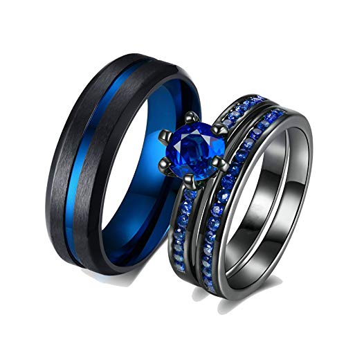 AnazoZ 1Par Anillo Pareja Novios Anillos Pareja Acero Inoxidable Compromiso Negro Anillo Redondo Tirado Circonita Azul Talla Mujer 12 + Hombre 17