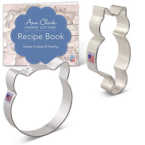 Ann Clark Cookie Cutters Juego de 2 cortadores de galletas gato con libro de recetas, cara de gato y gatito adorable