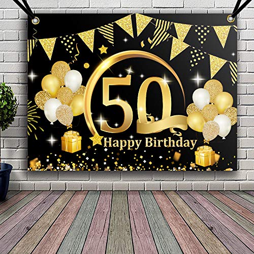 APERIL Decoración de Fiesta de 50 Cumpleaños de Oro Negro, Póster de Tela Cartel Extra Grande para 50 Aniversario Feliz Cumpleaños Pancarta de Fondo Materiales de Fiesta de 50 Años Cumpleaños