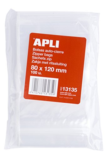 APLI 13135, Pack de 100 Bolsas de Plástico con Autocierre, 80 x 120 mm, Multicolor