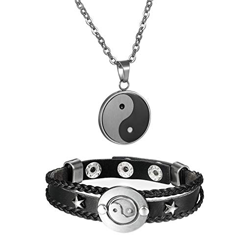 Aroncent Collar Étnico de Hombre Mujer Unisex Colgante de Tai Chi de Acero Inoxidable con Pulsera con Chismes de Yin y Yang Brazalete Ajustable de Cuero PU Multicapas con Botón Diseño Moda 2 Pcs Sets