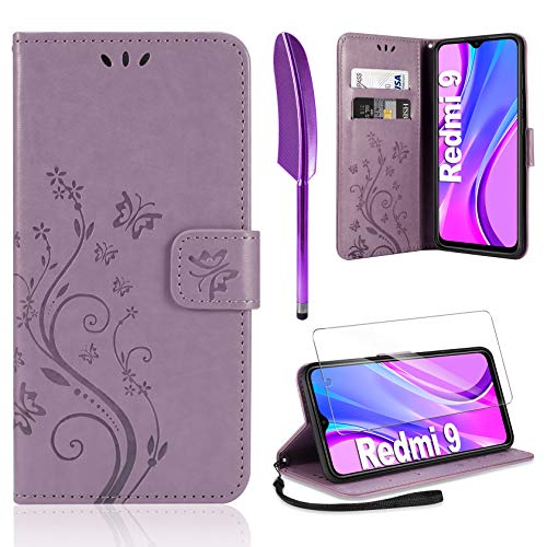 AROYI Funda Compatible con Xiaomi Redmi 9 y Protector de Pantalla, Relieve Dibujo Carcasa de Tipo Libro Soporte Plegable Ranuras para Tarjetas Magnético Ultra Delgado Carcasa Case, Púrpura