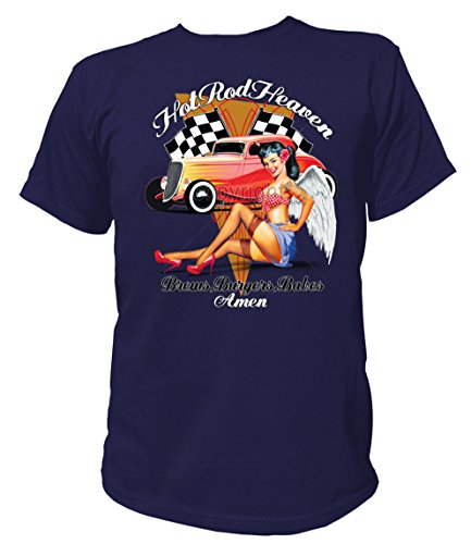 Artdiktat T-Shirt Camiseta para Hombre - Hot Rod Heaven - Brews, Burgers, Babes - Amen (Hot Rod Babe with Wings) Größe M, Navy