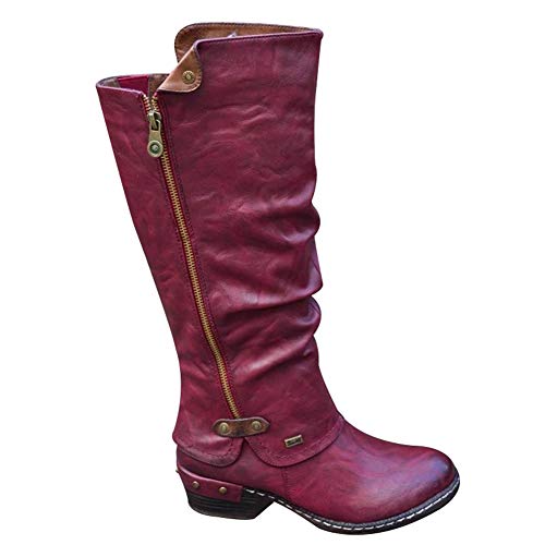 Avalita - Botas vaqueras para mujer Western Cowboy hasta la rodilla, botas punk, tacón bajo grueso con cremallera lateral (rojo, 41)