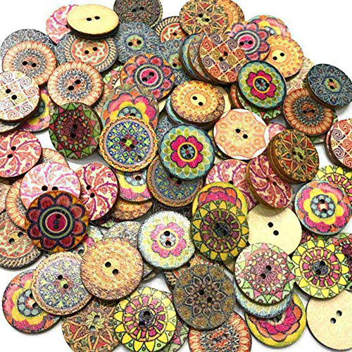 Beaums 100pcs 15MM Bolsa Redonda Surtido Impreso Floral Botones Decorativos de Madera de DIY de Coser Crafts Color al Azar 15MM