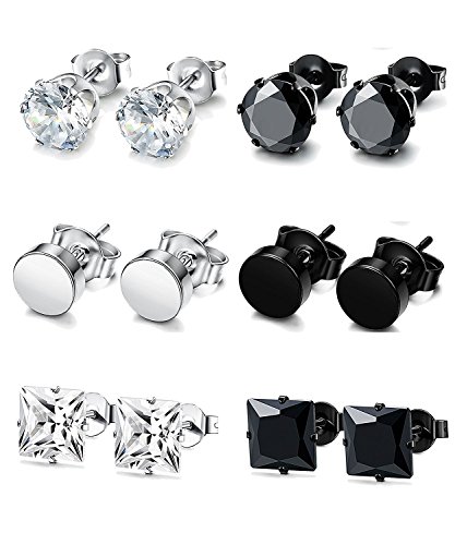 BESTEEL 6Pares Acero Inoxidable Pendientes Studs para Hombre Mujer Aretes con Circonita Redondo Cuadrado Pendiente, Plata y Negro 5mm