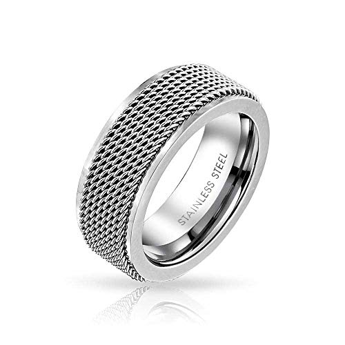 Bling Jewelry Cuerda Chain Mail Cable De Malla Anillo Anillo De Bodas para Hombres Y para Mujer De Acero Inoxidable Tono Plata 8Mm