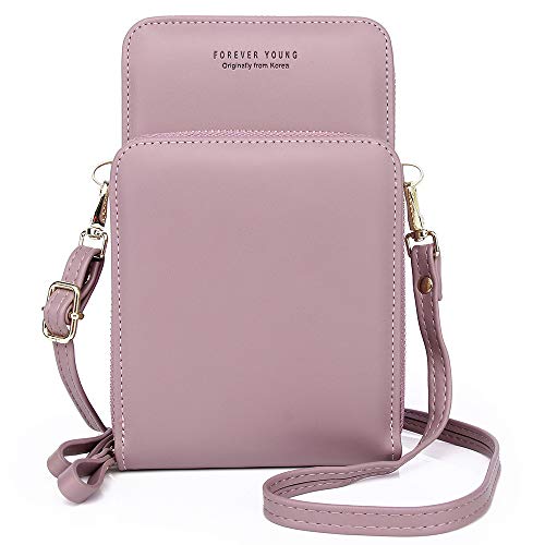 Bolso Bandolera Móvil,Pequeño Bolso para Mujer de Cuero de la PU del Teléfono Celular Crossbody Phone Wallet Bolsa con Cremallera Bandolera Monedero con Ranuras para Tarjeta(Púrpura)