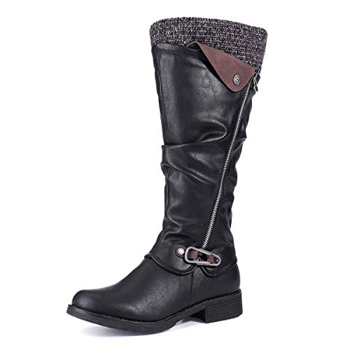 Botas Altas Invierno Mujer, Camfosy Botas de Nieve Caña Ancha Zapatos Mujer Cuña Planos Sintética Peluche Jinete Bajo Cómodos Peludas Calentitas 2019 Negro Gris Marrón