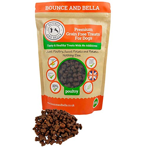 Bounce and Bella Premios para Perro Sin Cereales Bolsa de 800 Snacks Sabrosos y Saludables – 80% Carne Fresca de Ave, 20% Patata y Boniato – Premios Hipoalergénicos para Perros de Estómago Sensible