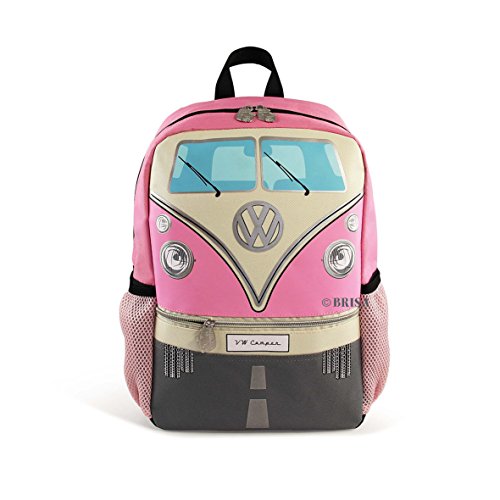 BRISA VW Collection - Volkswagen Furgoneta Hippie Bus T1 Van Mochila pequeña Vintage con portabotellas y Correas Ajustables, Equipaje para Escuela/Excursión/Deporte/Viaje (15L/Pequeña/Fucsia)