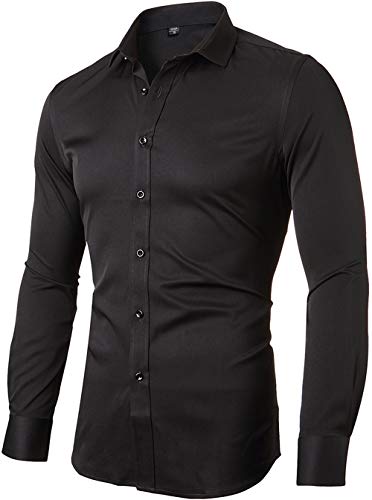 Camisa elástica Hombre, Manga Larga, Slim Fit, Casual/Formal Ambos Disponible y múltiples Colores para Elegir, Negro, Cuello 40CM, Manga 85CM