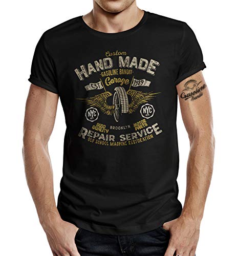 Camiseta de manga corta con diseño de coche con texto "Hand Made Repair Service Negro L