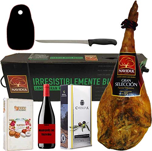 Cesta de Navidad con Jamón Reserva Gran Selección Navidul, Aceite de Oliva Virgen Extra, Caja de Dulces Navideños, Vino Rioja Marqués de Treviño, Cuchillo Jamonero y Cubre Jamón