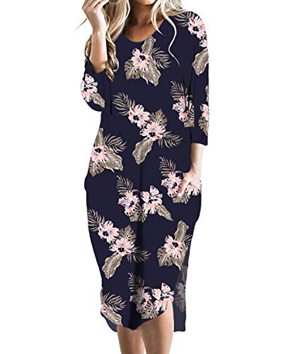 CNFIO Vestidos de Fiesta Mujer Casual Largos Midi Flores Manga Larga Vestido Playa Mujer Bolsillos Dress