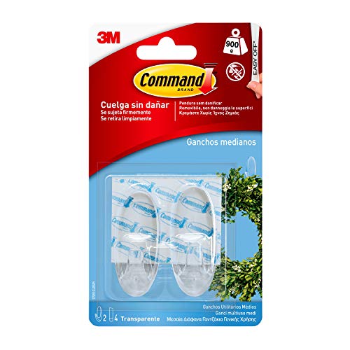 Command 17091CLR Pack de 2 ganchos medianos con tiras, transparente, Set de 2 Piezas