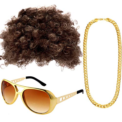 Conjunto de Disfraces Hippies Peluca Afro de Moda Collar de Gafas de Sol para Fiesta Temática de los Años 50/60/70 (Estilo A)