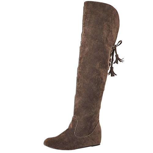 COOLCEPT Mujer Moda Tacón de Cuña Botas sobre la Rodilla Punta Redonda Tacón Medio Botas Altas sin Cordones Brown Size 43 Asian