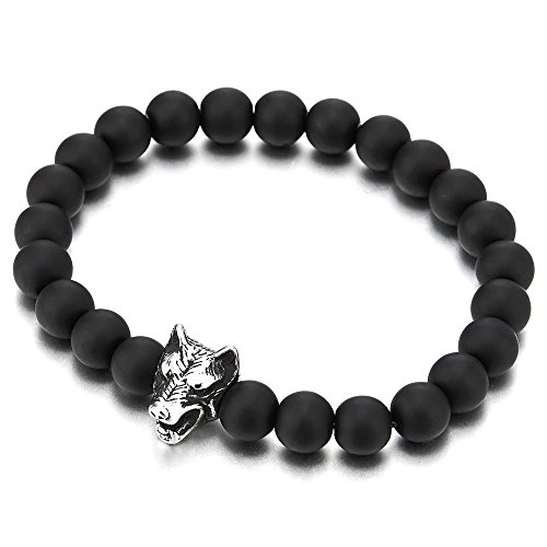 COOLSTEELANDBEYOND 8MM Mate Ónix Negro, Pulsera de Hombre Niños Muchachos, Acero Inoxidable Encantado Cabeza de Lobo Colgantes, Estirable