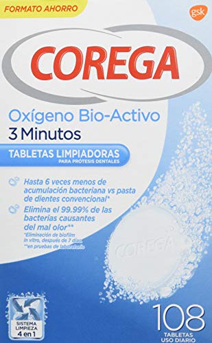 Corega Oxígeno Bio-Activo 3 Minutos Tabletas Limpiadoras para Prótesis Dentales, Férula Dental y Ortodoncia - 108 tabletas