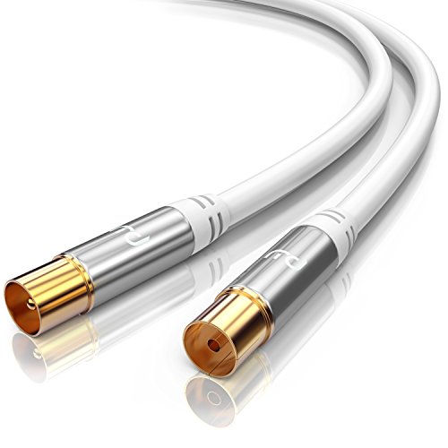 CSL-Computer 2m Cable de Antena HQ HDTV Premium - Factor de blindaje 135 dB - Resistencia 75 ohmios - Cable coaxial - Clavija coaxial Macho a Hembra - Carcasa metálica contactos Dorados - Blanco