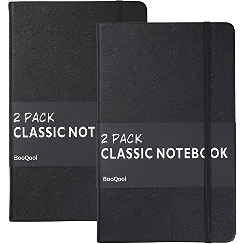 Cuaderno Rayas/Ruled Notebook (Paquete de 2) - Papel Grueso Premium 120g/m², Diario de Escritura de Cuero Sintético, Negro, Tapa Dura, Grande, Revistas, Forrado (5 x 8.25) por Lemome