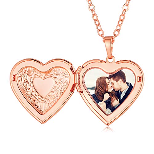 Custom4U Locket Moderno de Corazón Cobre Oro Rosa Cadena Delgada Collar Elegante de Memorias Preciosas Regalo Bueno Familia Novia Amiga