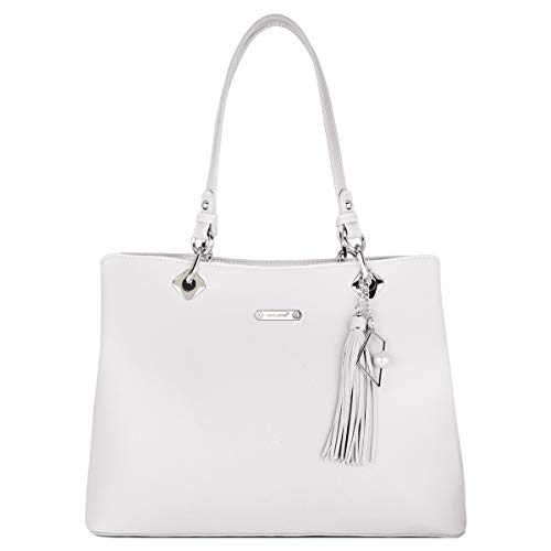 David Jones - Bolso de Hombro Grande Mujer - Bolso de Mano Cuero PU - Totalizador Asas Largas - Tote Shopper Bag Piel Trabajo Muchos Bolsillos Compartimentos Blanco